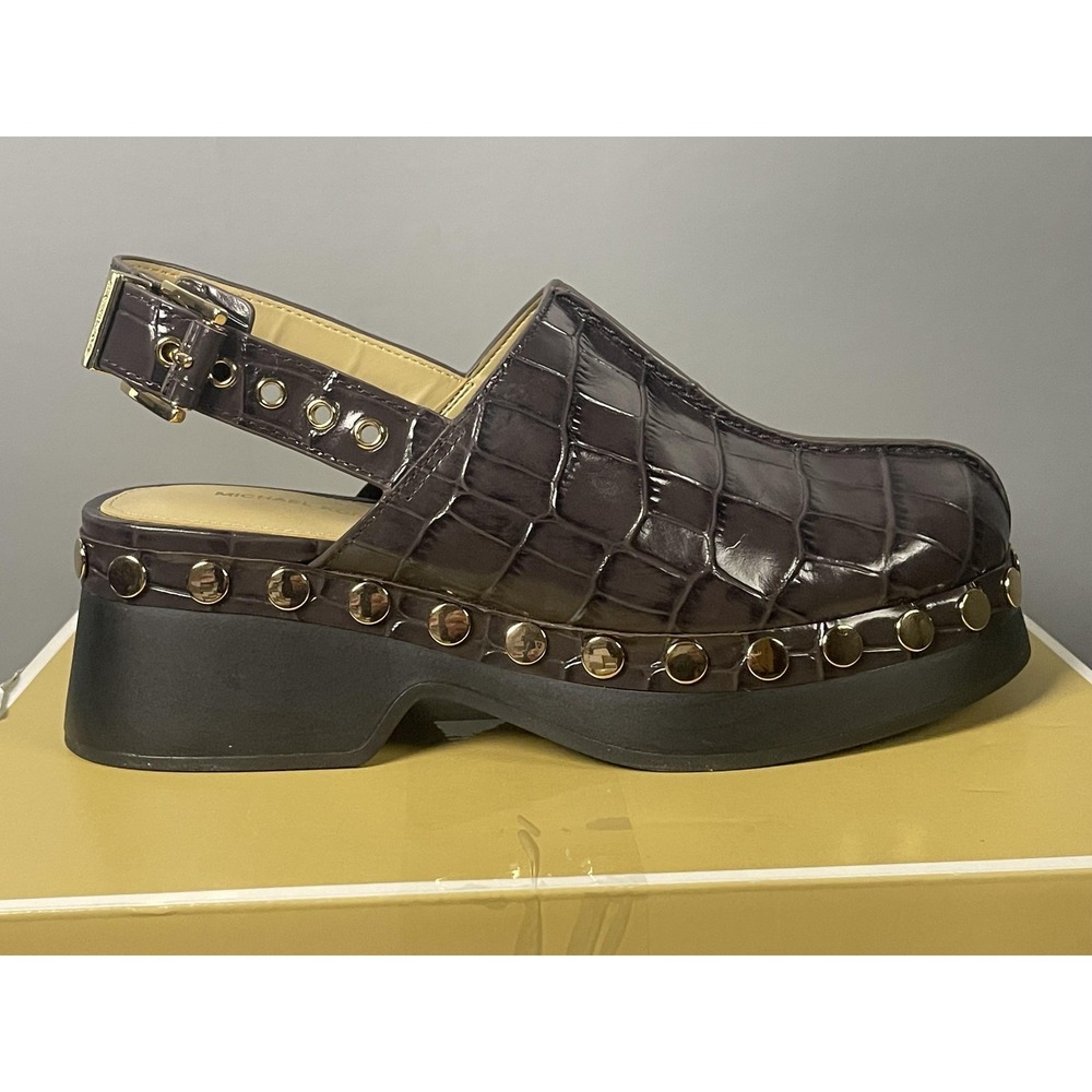 Michael Kors Esra Clog Shoes Womens Size 5 Brown Leather Studded Platform Clogs